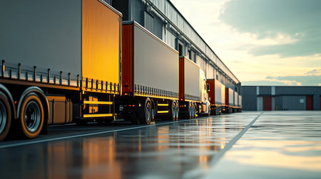 Cargo trucks lined up for loading at a warehouse, with copy space for logistics branding.の素材