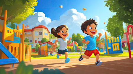 Two kids running in a cartoon-style schoolyard, with bright skies and fun colors, leaving room for copy space.の素材