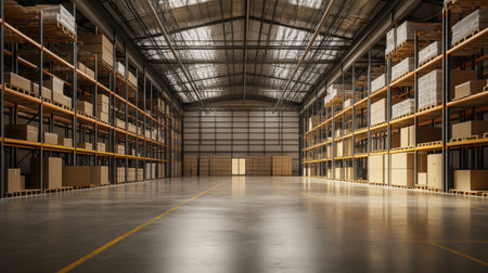 Open warehouse space with high shelving, leaving space for copy related to inventory or logistics.の素材