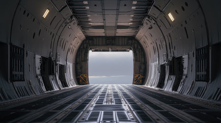Empty cargo plane with open bay doors, leaving room for logistics-related text or branding.の素材