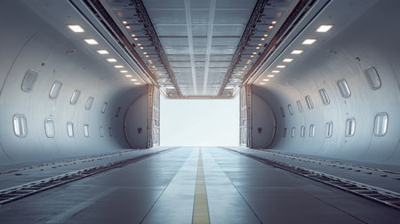 Empty cargo plane with open bay doors, leaving room for logistics-related text or branding.の素材
