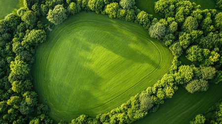 Aerial view of green land plot with clear boundary markers, surrounded by natural terrain. Ample copy space for text.の素材
