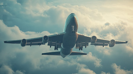 Cargo plane in mid-air, with space for text related to air freight or logistics.の素材