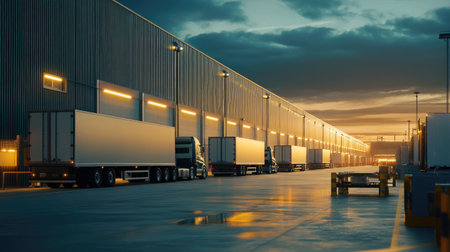Freight trucks parked at a distribution center, with ample copy space for logistics content.の素材