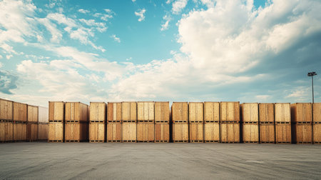 Row of shipping crates in an industrial yard, with space for copy related to logistics.の素材
