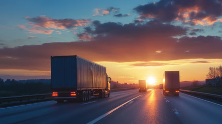 Large cargo trucks on a highway at sunset, leaving room for logistics or transportation content.の素材