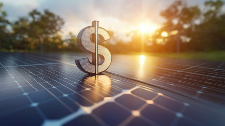 Solar panels with a dollar sign in sunlight, showcasing the financial benefits of solar energy. Room for copy space.の素材