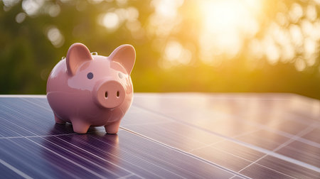 Solar panels next to a piggy bank on a sunny background, representing cost-effective energy. Copy space available.の素材
