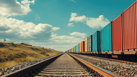 Freight train loaded with shipping containers, with copy space for logistics messaging.の素材