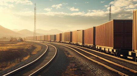 Freight train moving through an industrial area, with space for logistics-related text.の素材