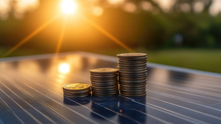 Sun rays shining on a stack of coins beside a solar panel, demonstrating cost-effectiveness. Clear copy space provided.の素材