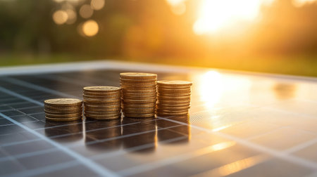 Sun rays shining on a stack of coins beside a solar panel, demonstrating cost-effectiveness. Clear copy space provided.の素材