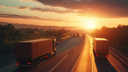 Large cargo trucks on a highway at sunset, leaving room for logistics or transportation content.の素材