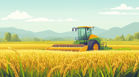 Farm machinery harvesting rice in a paddy field, with ample space for farming-related text.の素材