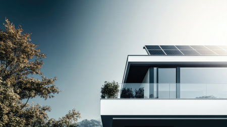 Modern eco-friendly house with sleek solar panels on the roof, set against a clear sky. Ample copy space available.の素材