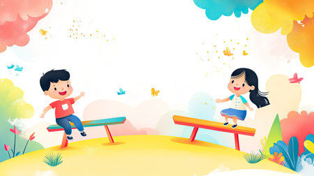 Two children playing on a seesaw in a cartoon schoolyard, fun colors and a cheerful background with copy space available.の素材