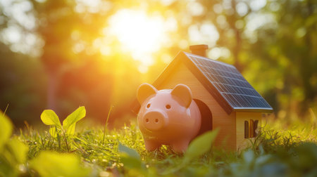 Solar-powered piggy bank house under bright sunlight, showcasing eco-friendly and money-saving living. Copy space available.の素材