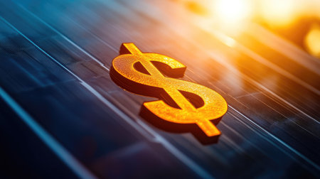 Solar power symbol with a dollar sign glowing under a bright sun, illustrating money-saving potential. Ample copy space.の素材