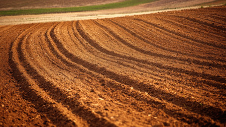 Field plowed by a tractor, with space for copy related to soil preparation or farming machinery.の素材