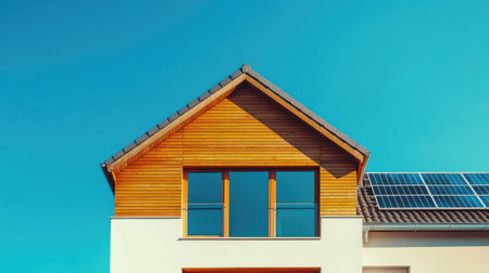 Stylish modern house with rooftop solar panels under clear blue skies, representing sustainable architecture. Room for copy space.の素材