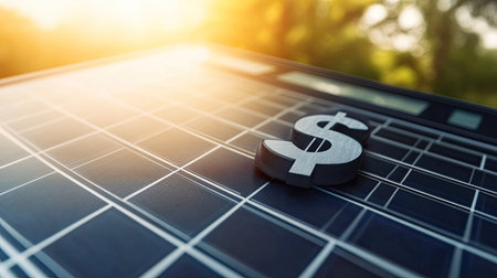 Solar panel with a calculator and dollar sign under bright sunlight, symbolizing financial savings. Ample copy space.の素材