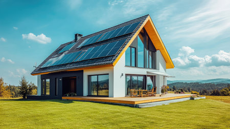 Solar-powered modern house with large windows and rooftop panels, showcasing green energy. Room for copy space.の素材