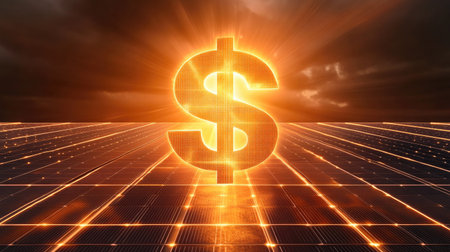 Solar power symbol with a dollar sign glowing under a bright sun, illustrating money-saving potential. Ample copy space.の素材