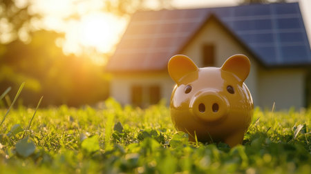 Solar-powered piggy bank house under bright sunlight, showcasing eco-friendly and money-saving living. Copy space available.の素材