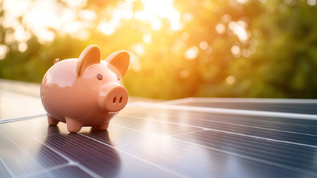 Solar panels next to a piggy bank on a sunny background, representing cost-effective energy. Copy space available.の素材