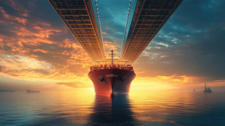 Freight ship passing under a bridge, with room for global logistics text or messaging.の素材