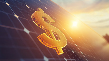 Solar panels with a dollar sign in sunlight, showcasing the financial benefits of solar energy. Room for copy space.の素材