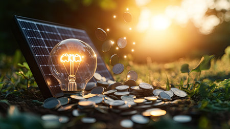 Solar panel connected to a lightbulb with falling coins, symbolizing affordable green energy. Copy space availableの素材