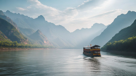 A ferry crossing a river in China with mountains in the background, leaving space for copy text.の素材