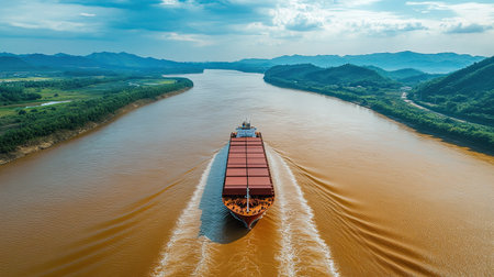 A cargo ship navigating a Chinese river, with room for copy space in the water and sky.の素材