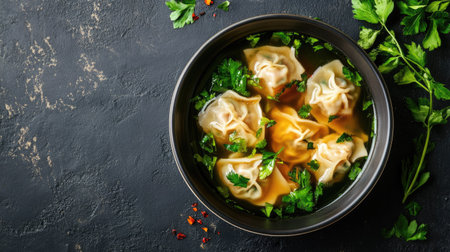 A bowl of wonton soup with vegetables, viewed from above, with ample copy space available.の素材