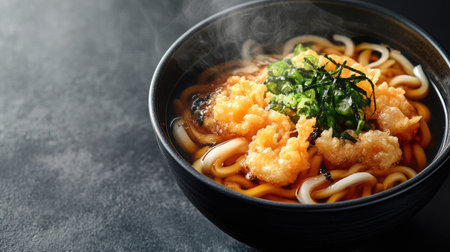 A steaming bowl of udon noodles with tempura, top view, with space for copy text.の素材