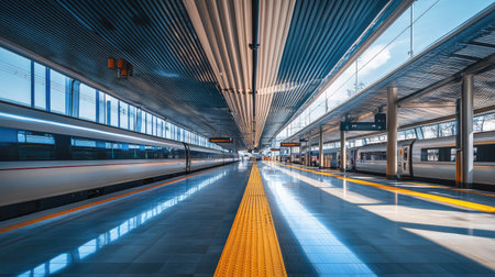 A bullet train station in China with an empty platform, leaving space for copy text in the foreground.の素材