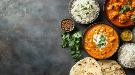 A selection of Indian curries, roti, and rice, top view with ample room for copy space.の素材