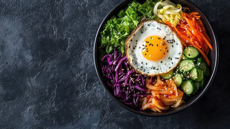 A Korean bibimbap bowl with vegetables and egg, top view with room for copy space.の素材