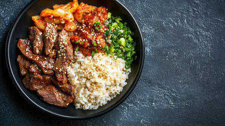 A plate of Korean BBQ with kimchi and rice, top view, and room for copy space.の素材