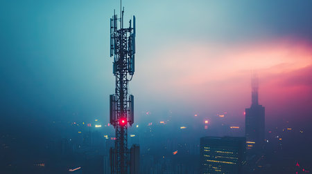 A modern telecommunications tower in the heart of a Chinese metropolis, leaving room for copy text.の素材