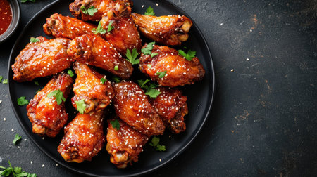 A platter of Korean fried chicken wings with sesame seeds, top view with room for copy space.の素材