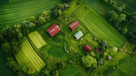 Aerial view of a lush green dairy farm island with cows and barns, leaving ample room for copy space.の素材