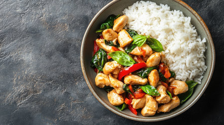 A top view of a Thai basil chicken stir-fry with rice, leaving room for copy space.の素材