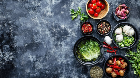 A traditional Chinese hot pot set with various ingredients, top view with room for copy space.の素材