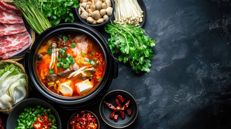 A top view of a Chinese hot pot set with various ingredients, leaving room for copy text.の素材