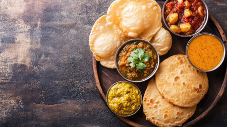 Indian breakfast set with poori, aloo sabzi, and chutneys, top view with ample copy space.の素材