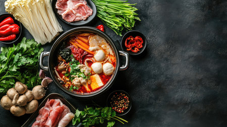 A traditional Chinese hot pot set with various ingredients, top view with room for copy space.の素材
