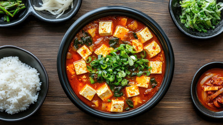 A top view of a Korean spicy tofu soup with rice and side dishes, leaving room for copy space.の素材