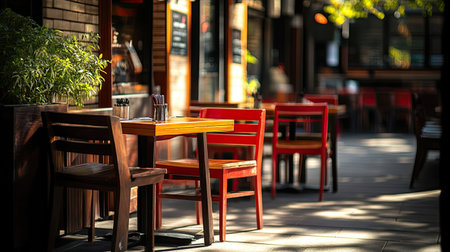 Outdoor seating area of a South Asian restaurant, no people, with plenty of room for copy space.の素材